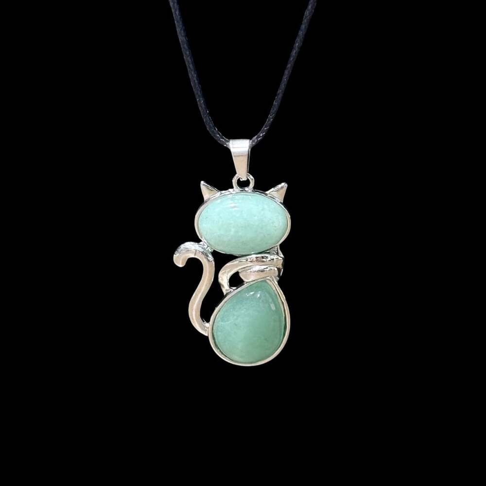 Green Aventurine Crystal Cat Pendant Black Cord Necklace